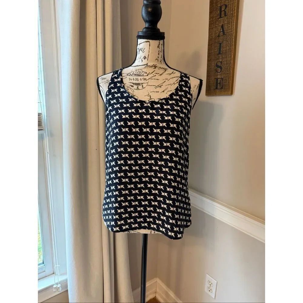 Theory Women's Geometric Arrow Print Scoop Neck Silk Isaac Tank Top Navy Small